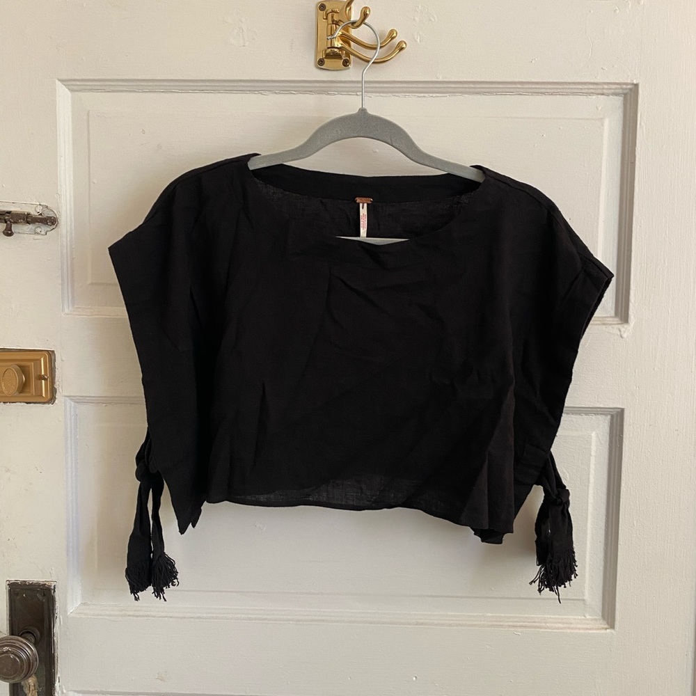 Free People Black Crop Top with Tassel Accents Size Small